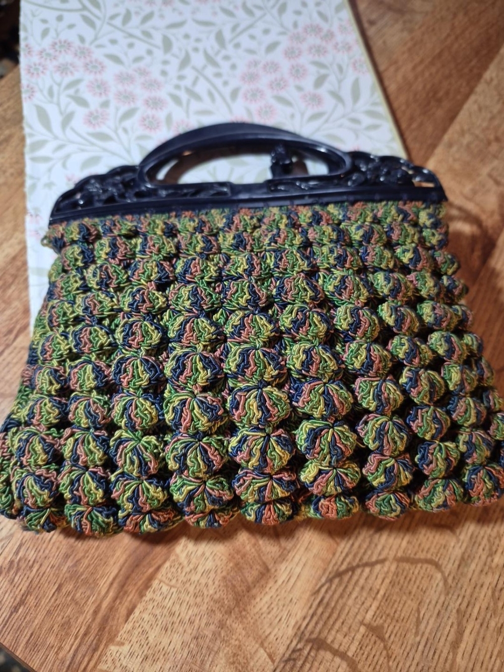 1950s Crochet Bobble Handbag Vintage Multicolor Crochet Clutch with Black Handle
